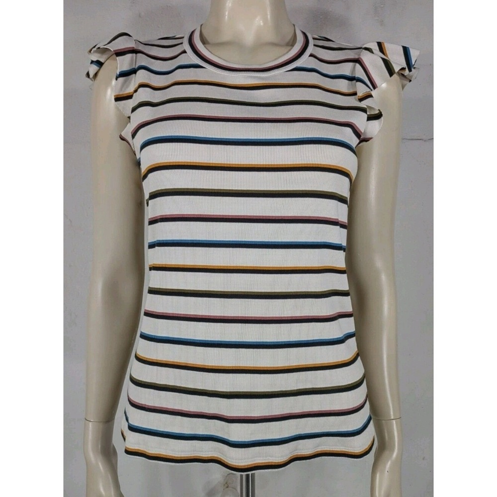 Veronica Beard Jean MultiColor Striped Ruffle Sleeve Ribbed Top Preppy Coastal S - Picture 14 of 15
